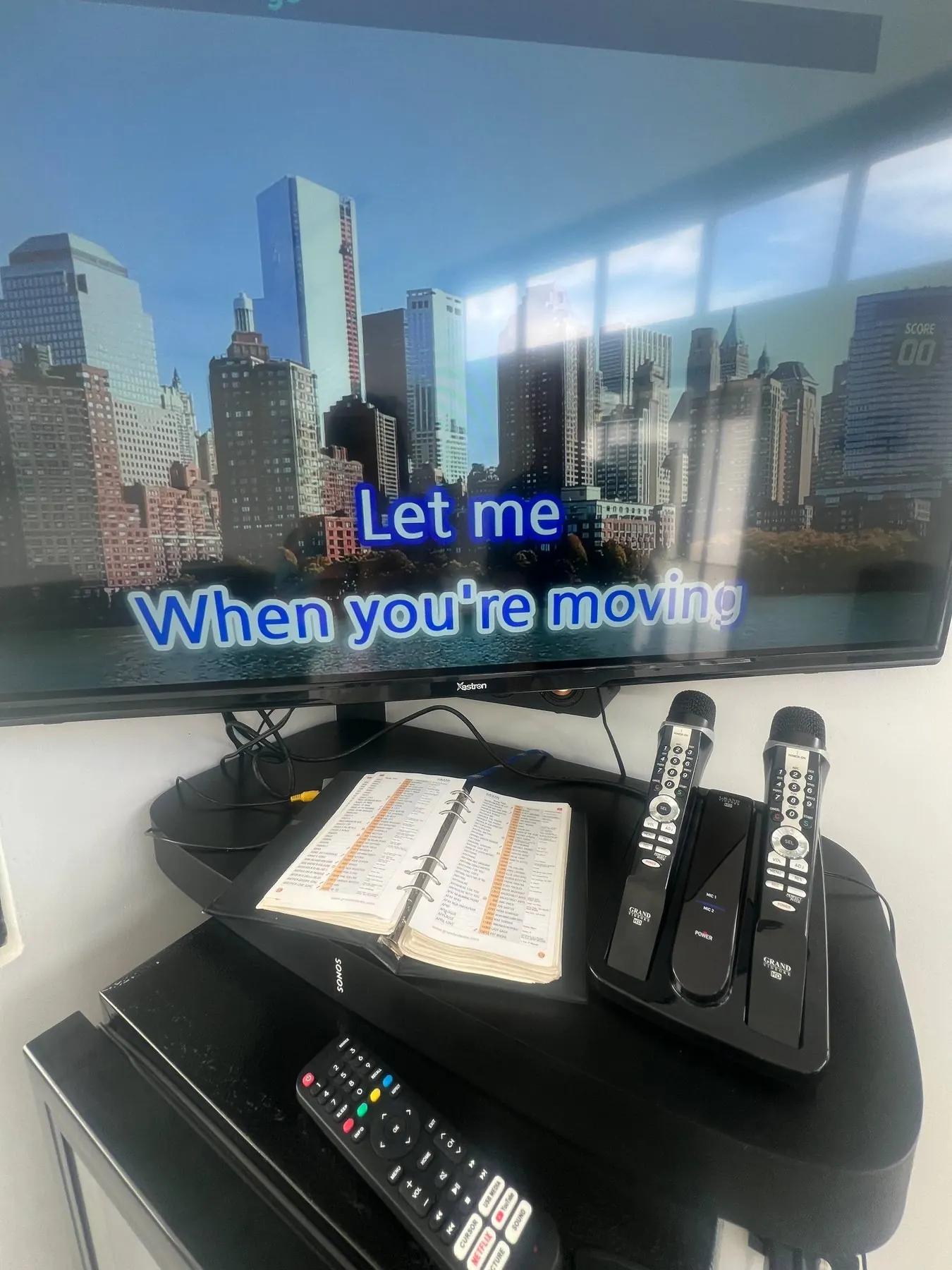 Grand Videoke karaoke machine and microphones