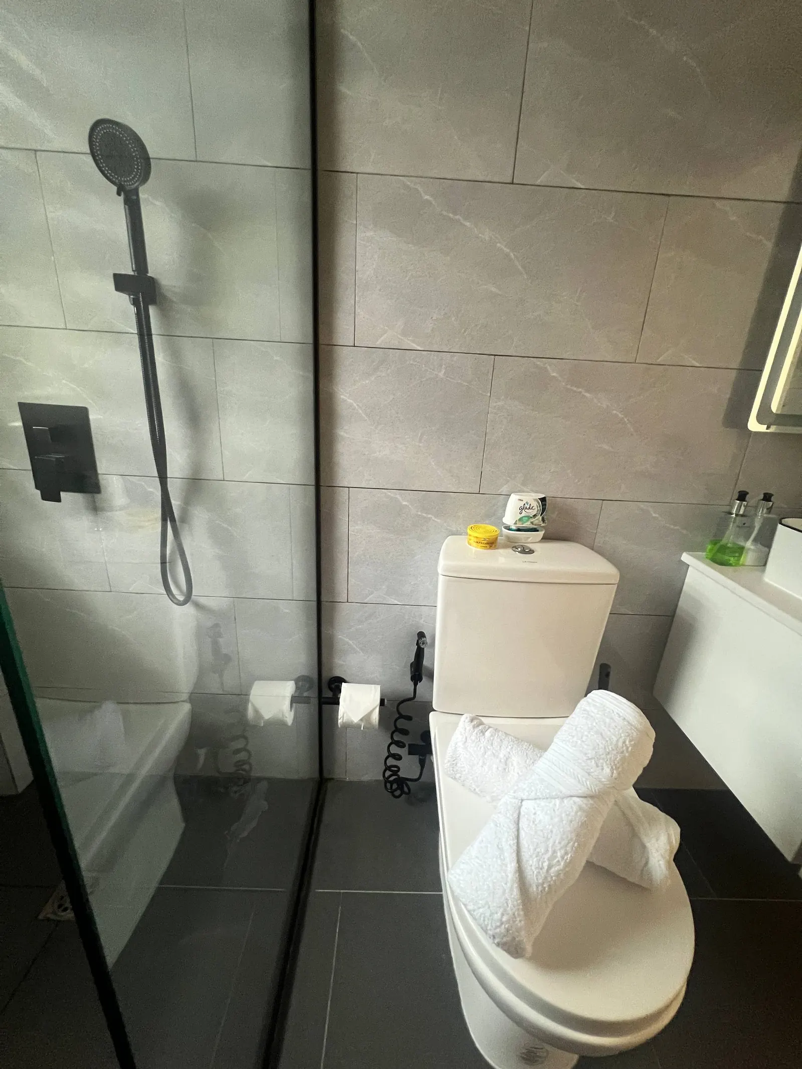 En-suite shower and toilet area with marble tiles