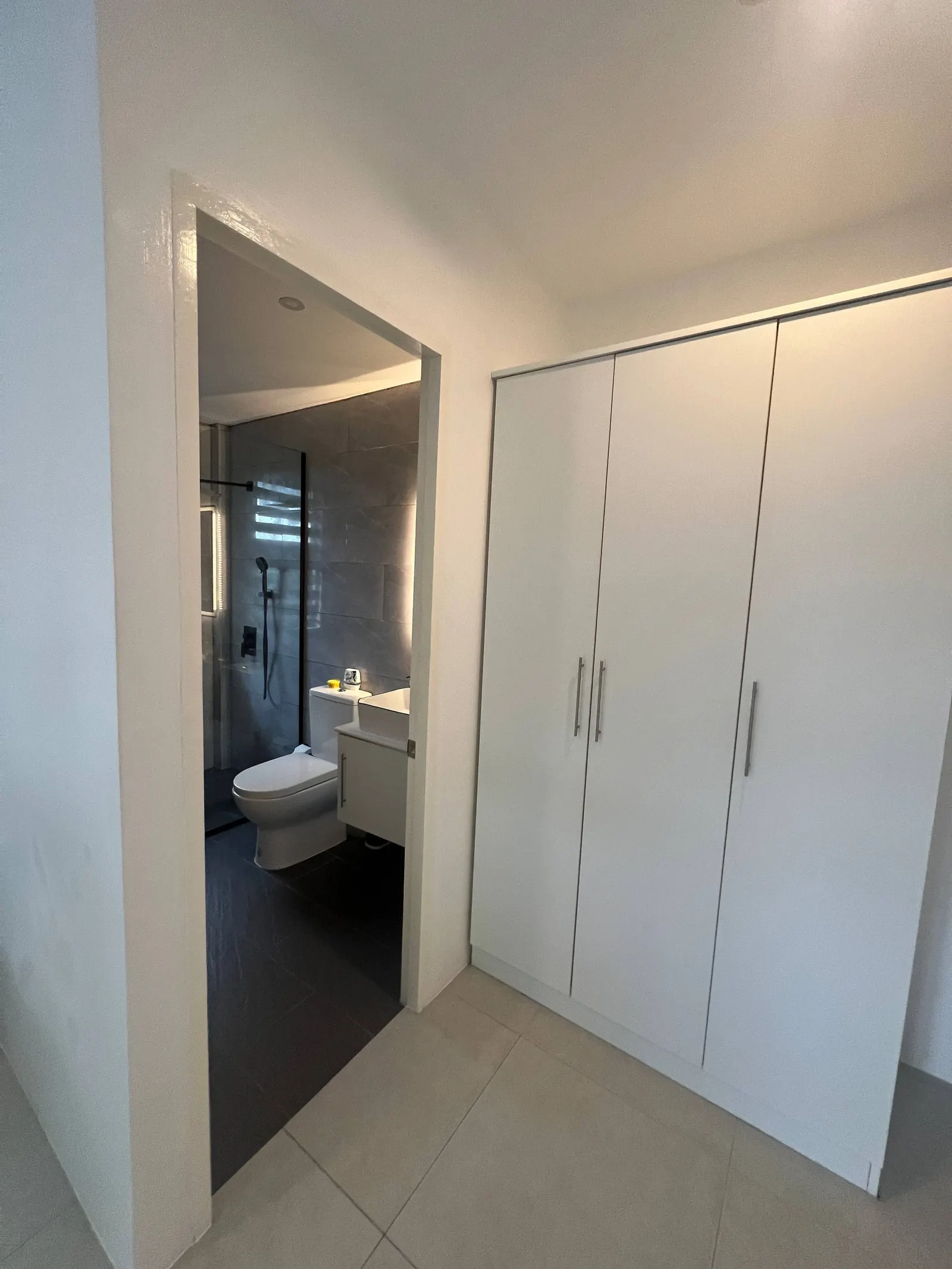 En-suite doorway view from bedroom showing shower and vanity