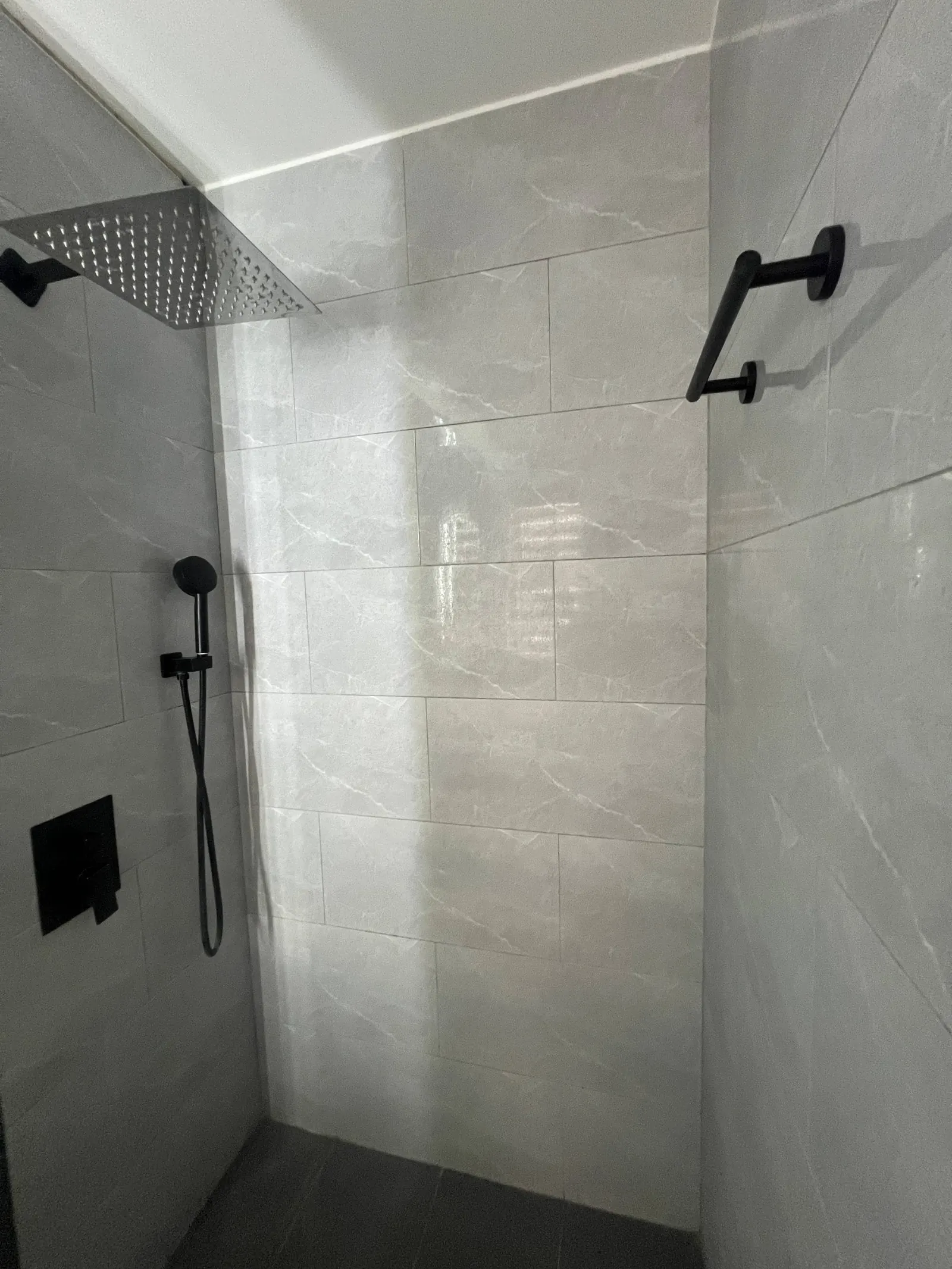 En-suite shower with rainfall head, handheld and grab bars